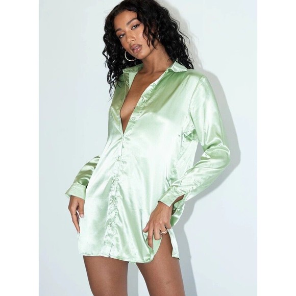Princess Poly Satin Shirt Mini‎ Dress In Sage Size 0 NWT - Picture 1 of 10